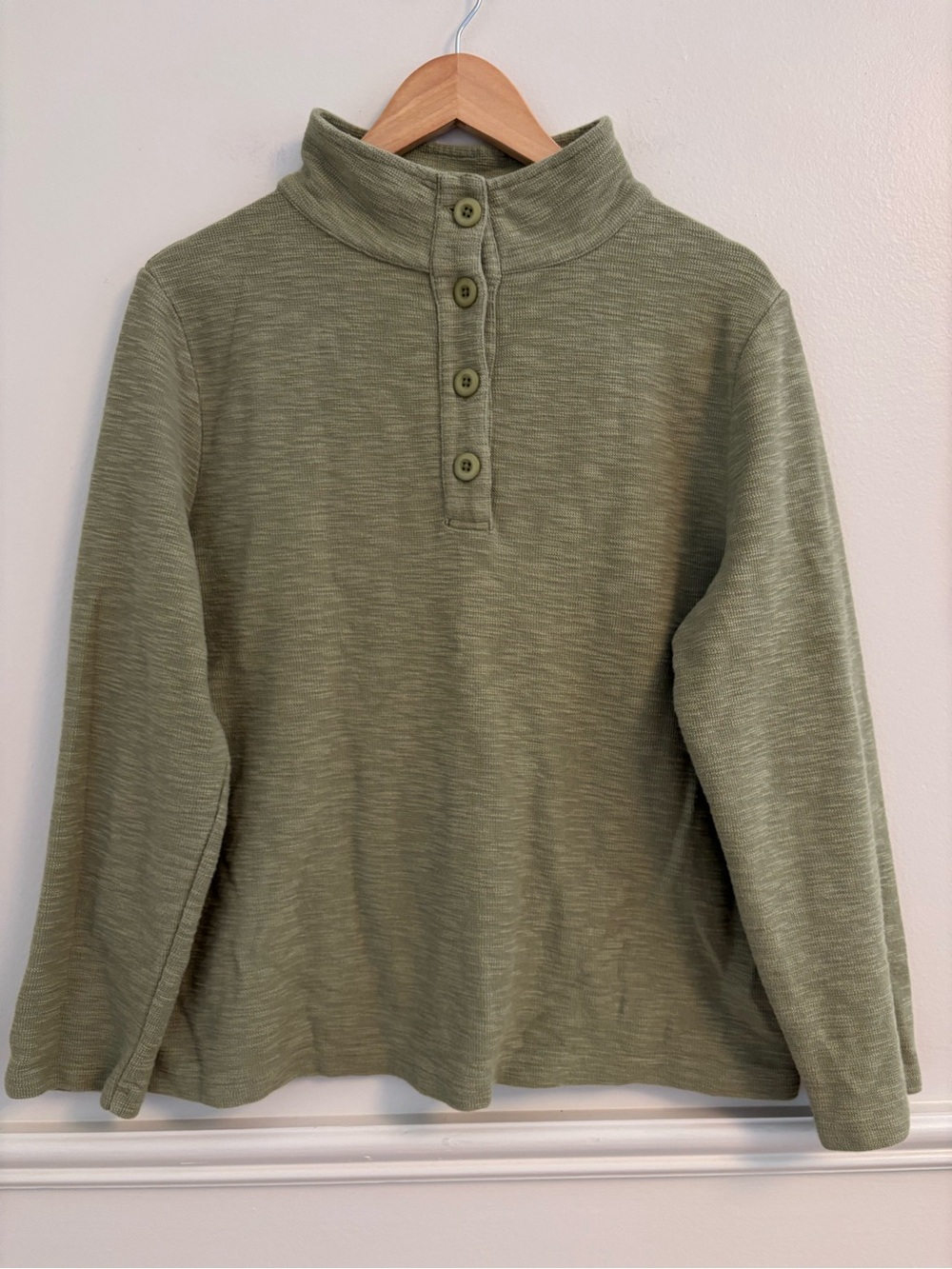Olive Green 100% organic cotton Button-Placket Mock Neck Sweater